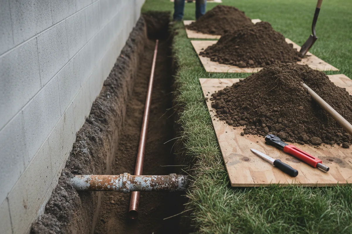 Excavated water line trench during Water Heater Repair in Henryetta